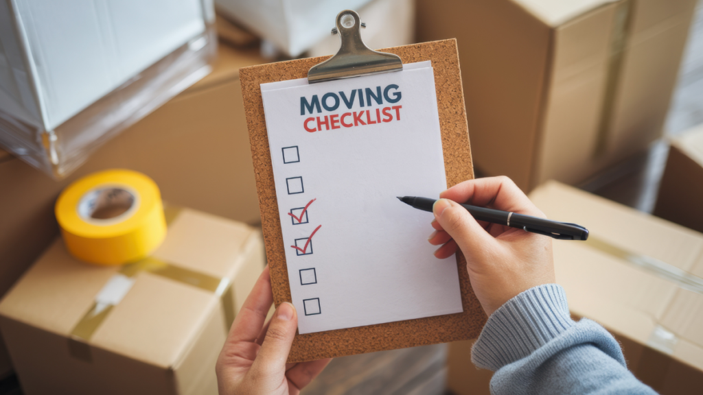 Hands holding a moving checklist, with boxes and tape